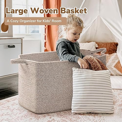 Vista 68 de Goodpick Cesta grande de almacenamiento de juguetes, cestas de cuerda de algodón gris para bebés, niños, cesta de almacenamiento tejida con asa