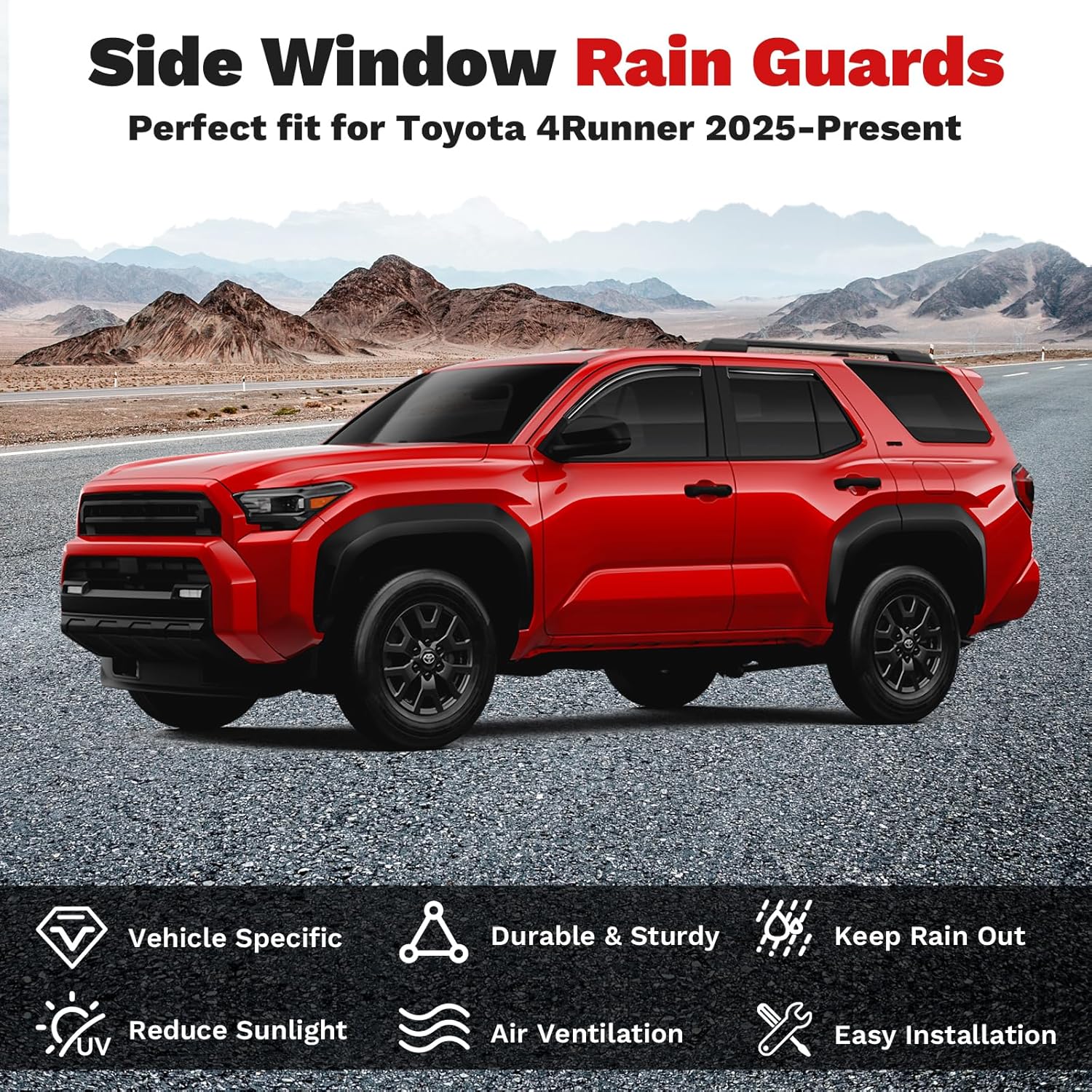 Window Visors Rain Guards for 2025 2026 Toyota 4Runner Accessories, Outside-Mount Tape-On Side Window Wind Deflectors Vent Visors Shades Rainproof 4PCS