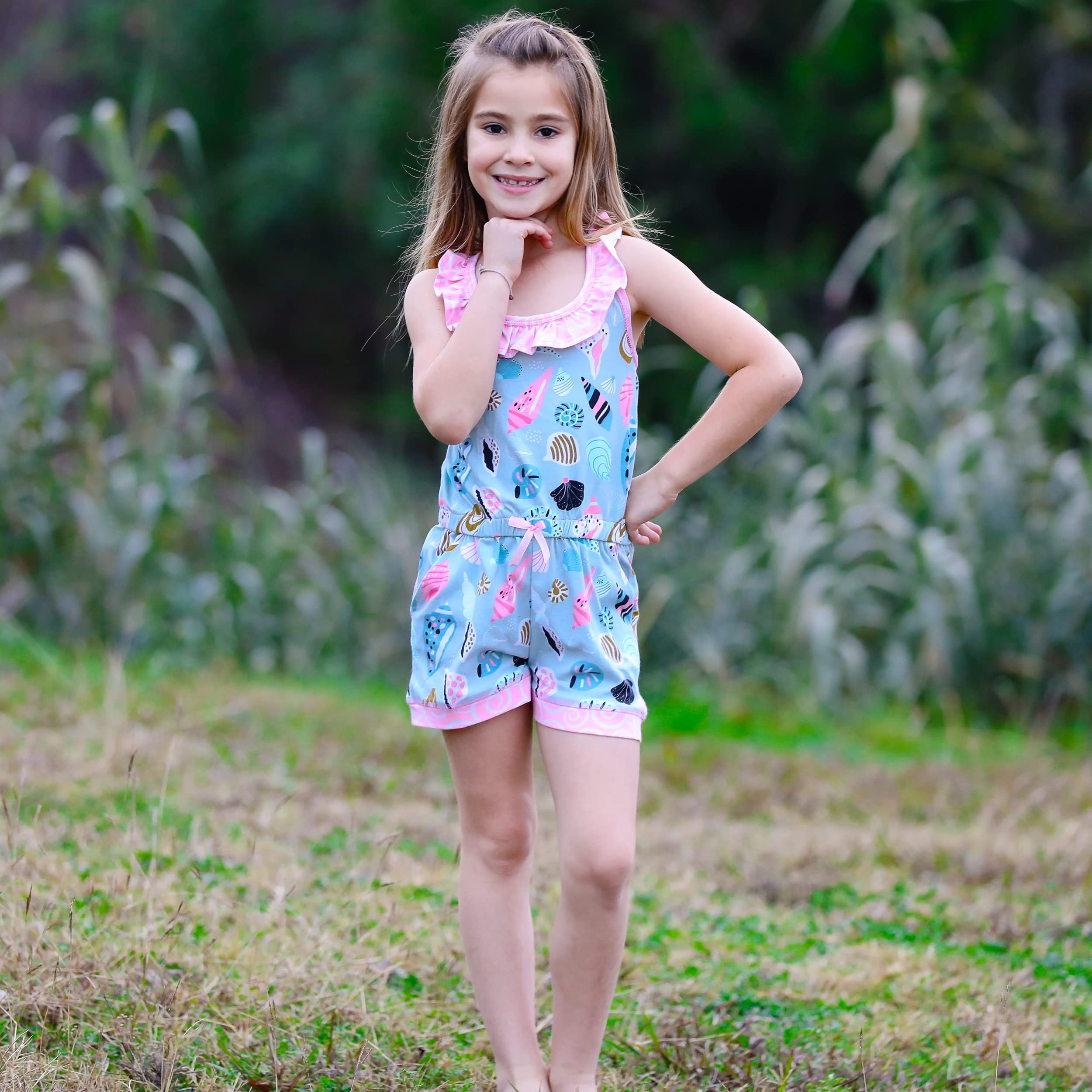 AnnLoren Girls Boutique Shells by the Seashore Jumpsuit Frühjahr/Sommer, Rosa, Grau, Weiß, 9-10
