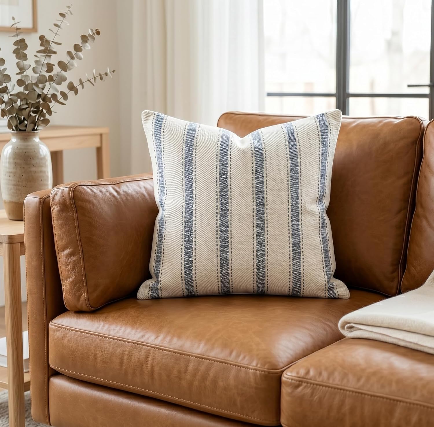 SanVia Cotton Throw Pillow Covers 20x20 – Handwoven Jacquard Texture, Fade-Resistant, No Pilling – Hidden Zipper, Decorative Cushion Cover for Sofa, Couch, Bed – Insert Not Included (Striped, White)