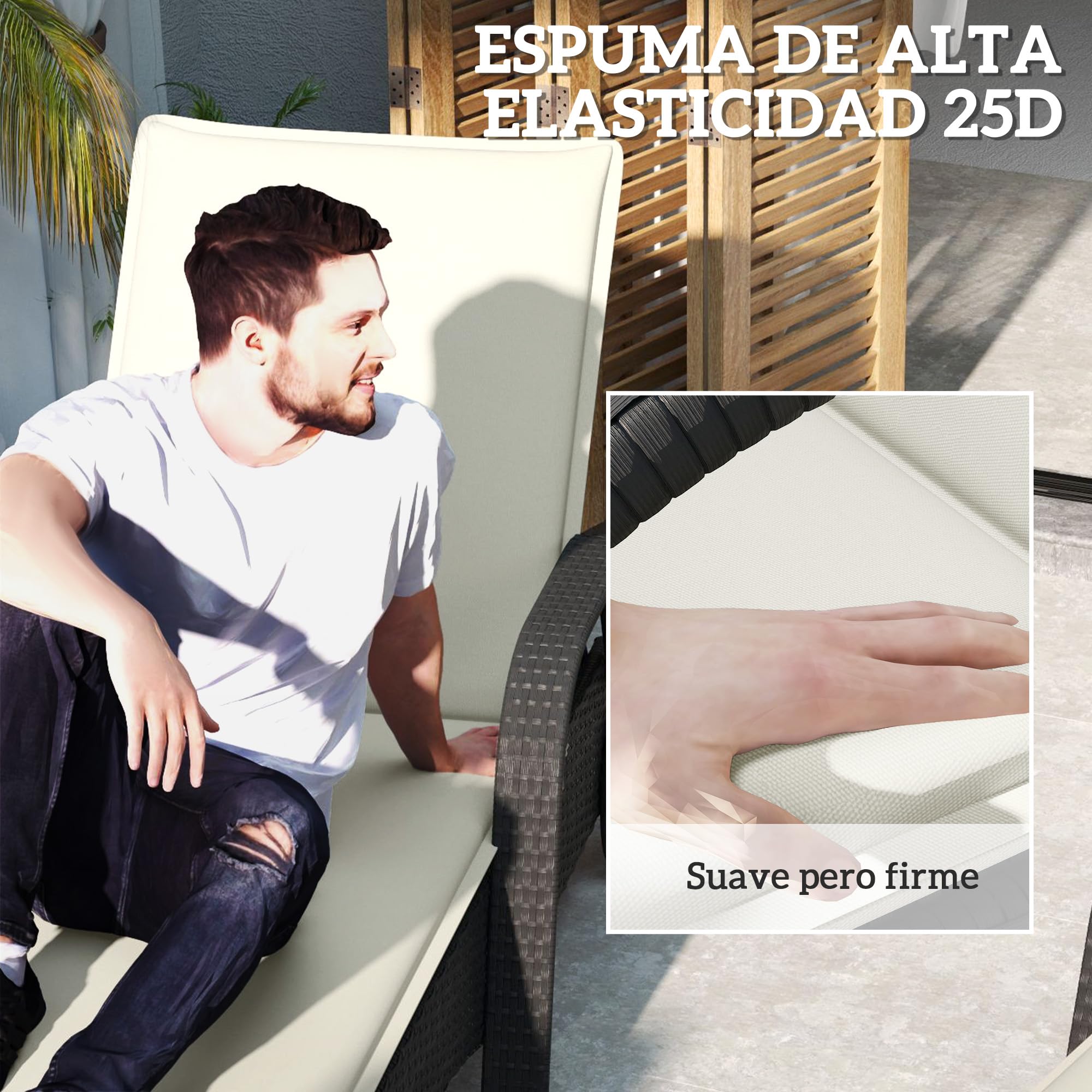 Outsunny Pack 2 Cojines para Tumbonas Plegables UV 193x58x6 cm Crema | Colchonetas para Tumbonas de Jardín Exterior, Con Correas de Sujeción, Resistente a Salpicaduras