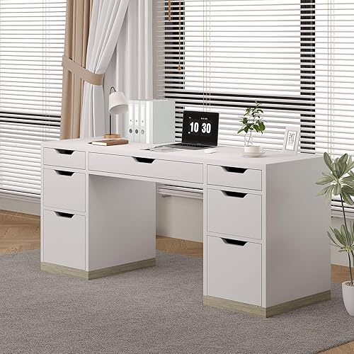 Miniatura 3 de Escritorio blanco con 7 cajones, escritorio ejecutivo de 54 pulgadas con cajones para dormitorio, escritorio de oficina en casa con gabinete para
