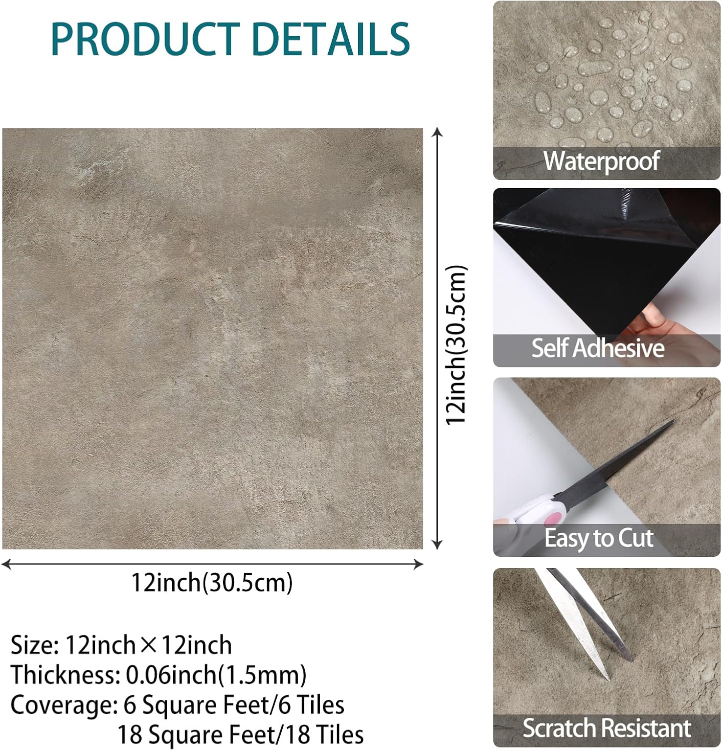 VaryStyle 18 Sheet Vinyl Flooring Peel and Stick Floor Tile 12x12 Inch Classic Brown Concrete Flooring Renter Friendly Non Slip Stickers Self Adhesive Stick on Floor Tile for Bedroom Apartment RV