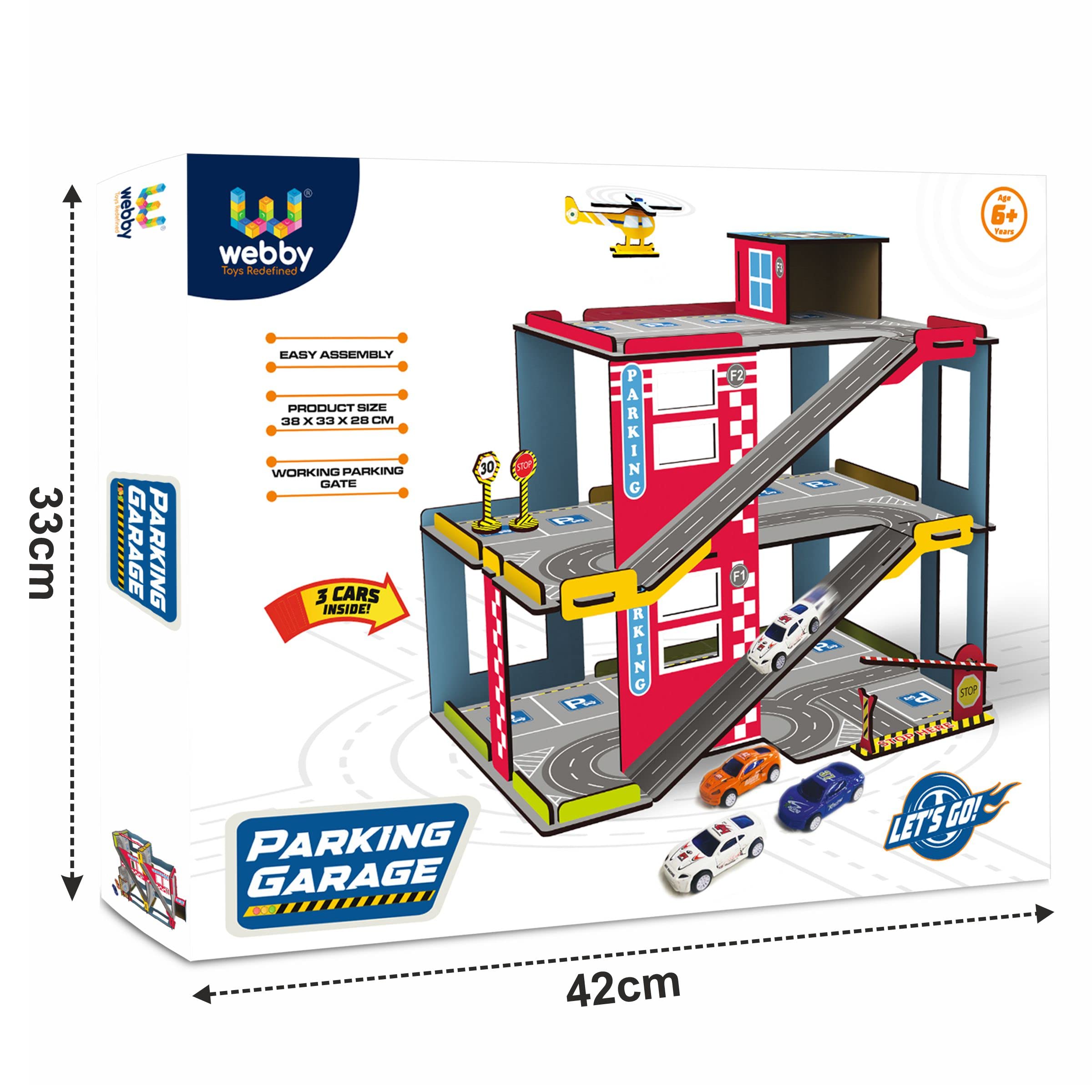 Webby Multilevel Parking Garage Playset with 3 Pullback Metal Cars, Parking Gate, Sign Boards and Helicopter for Boys and Girls - Image 9 thumbnail