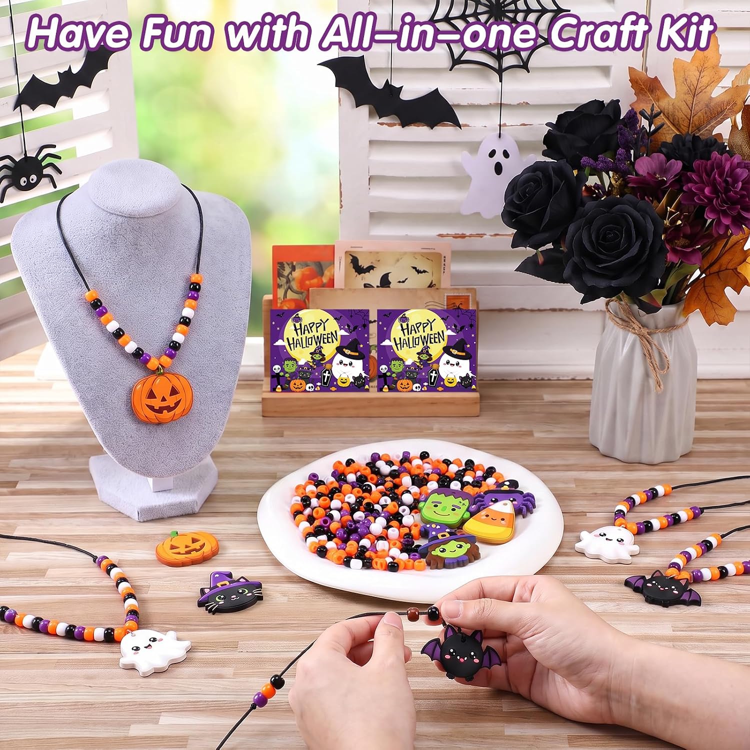 Silkovahamd Halloween Bead Necklace Kit DIY Craft Set with Wooden Pendants