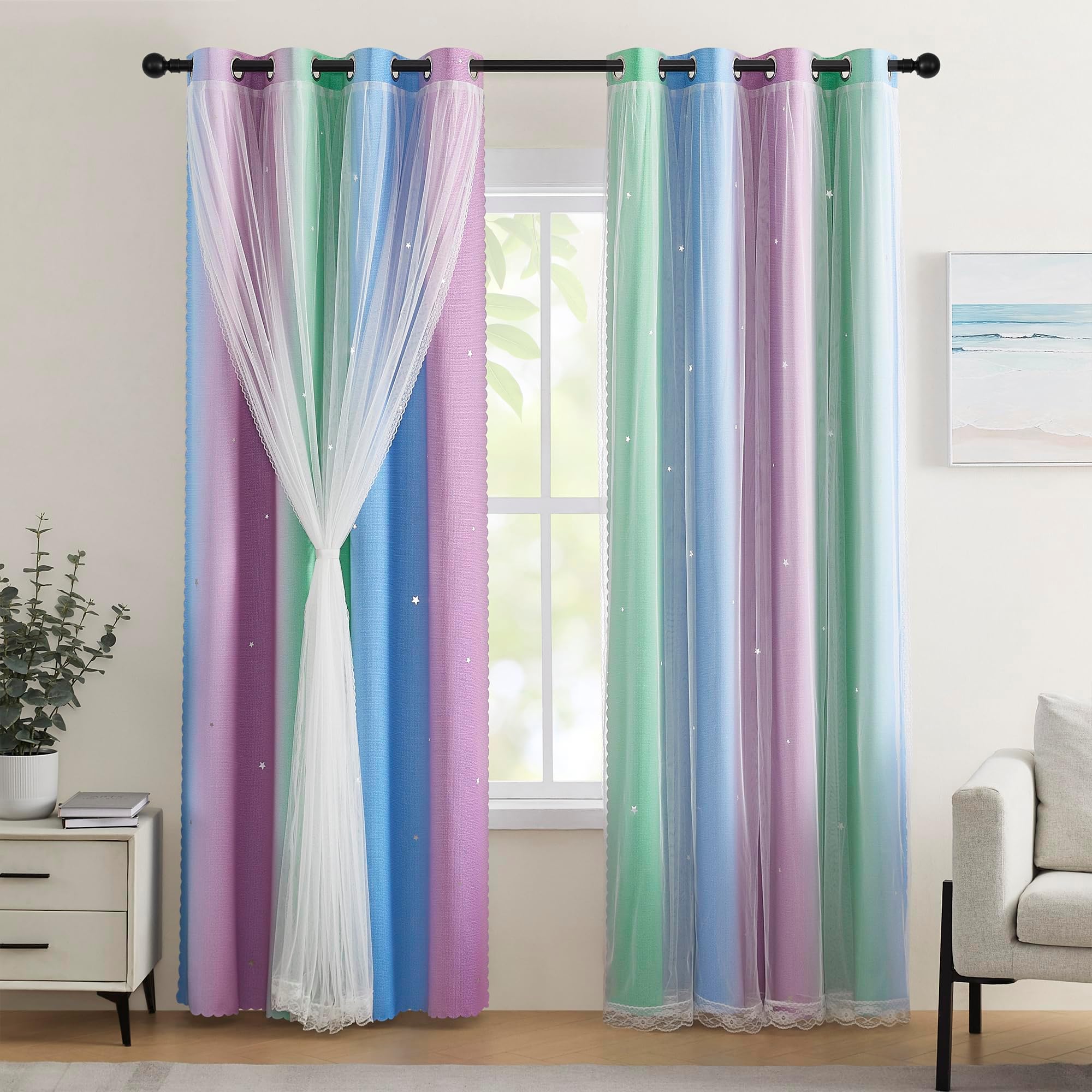 XiDi Blue & Rainbow Curtains for Kids & Girl Room - Blackout, Purple & Green 52x72 Inch Long 1 Panel with Unicorn Wall Decals