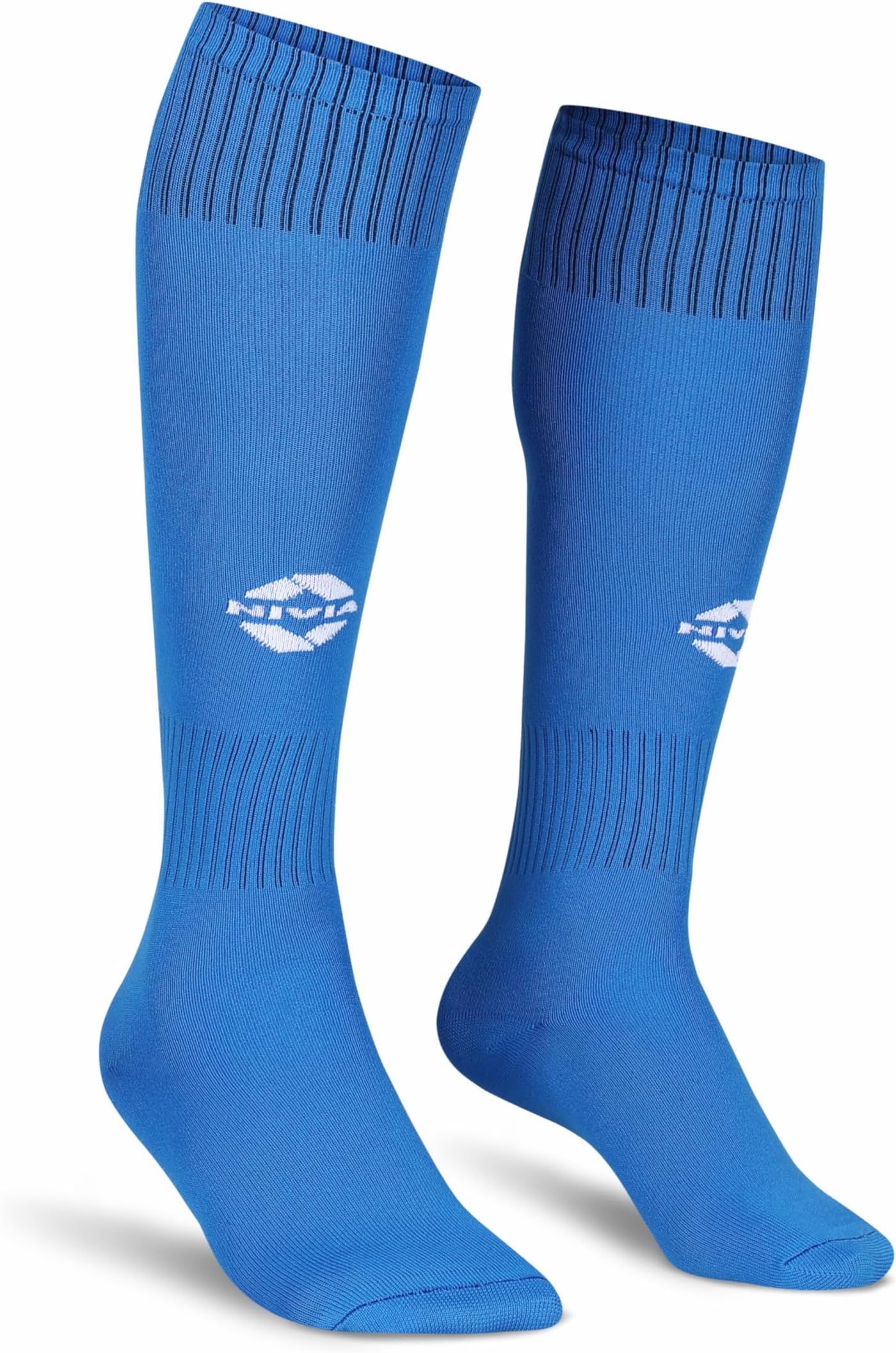 - Nivia Plain Encounter Football Stockings, Micro Yarn Stocking, for Men & Women, Knee Length, Soccer Stockings (R. Blue/White) Size-L