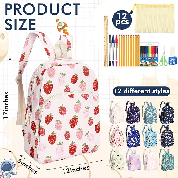 17'' Backpacks Bulk with Supplies Stationery Kits, Novelty, 12 Pack