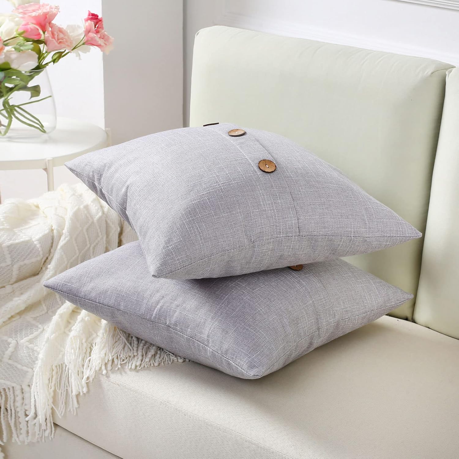 FUTEI Light Grey Linen Decorative Throw Pillow Covers 22x22 Inch Set of 2, Square Cushion Case with Vintage Button/Zipper,Modern Farmhouse Home Decor for Couch,Bed