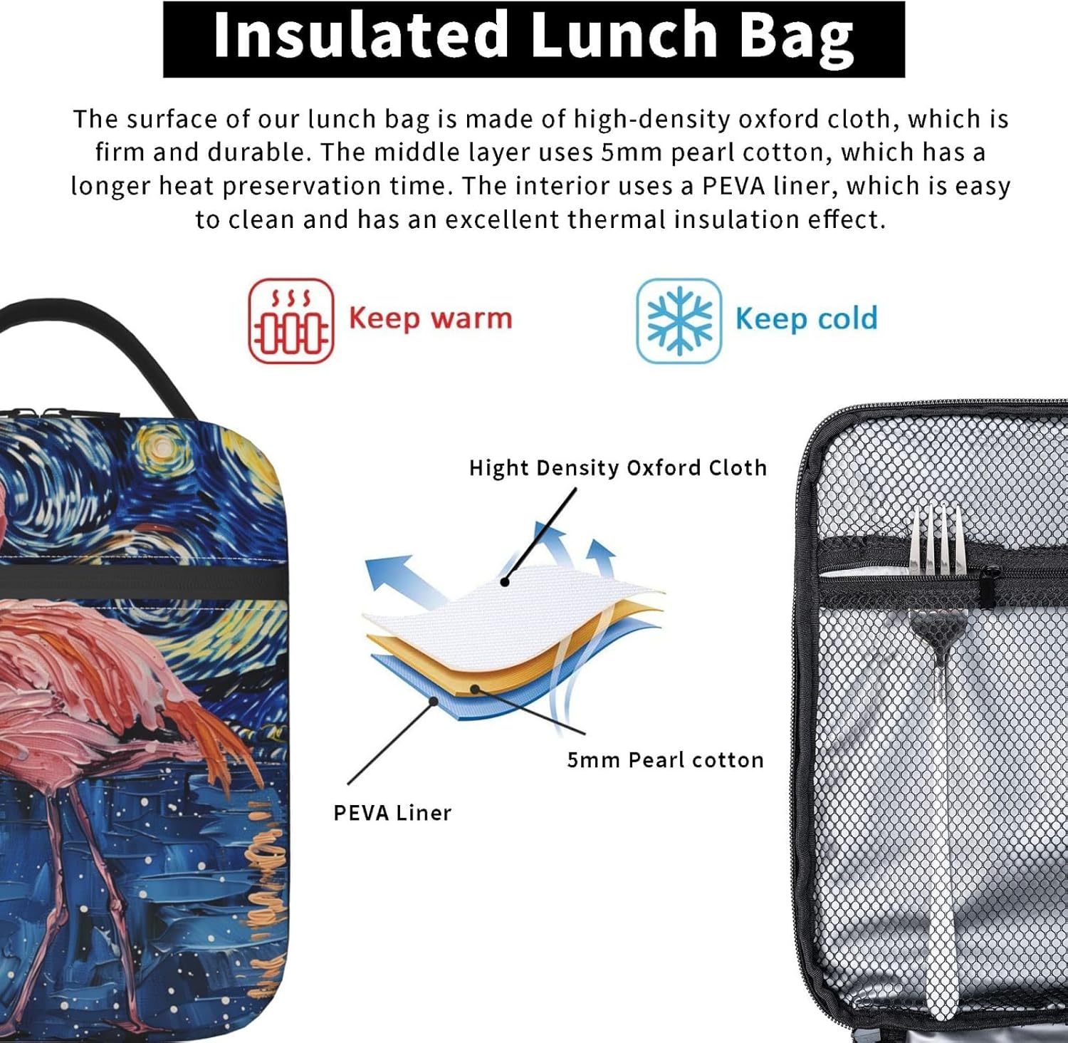 Insulated Lunch Box for Girls Women Kids Flamingo Lunch Bag for Work Picnic School Travel Hiking Beach or Fishing Artistic Watercolor Style Polyester - Image 6