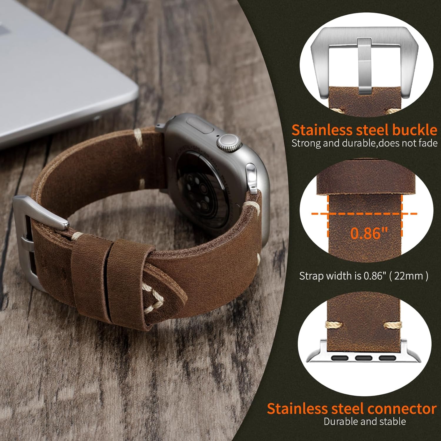 Handmade Double Sided Leather Bands Compatible with Apple Watch Ultra 3/2/1 Band 49mm 46mm 45mm 44mm 42mm 41mm,Men Retro Design Genuine Leather Band For iWatch Series SE 11 10 9 8 7 6 5 4 3 2 1 - Image 3