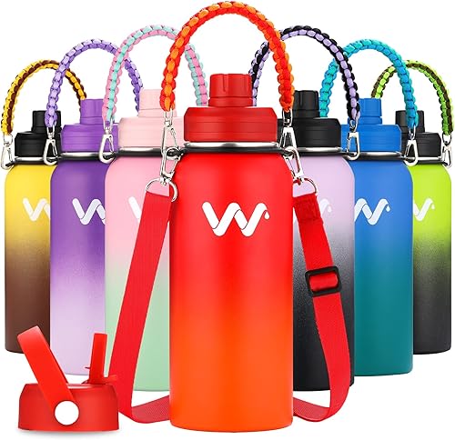 WEREWOLVES Botella de agua aislada con asas de paracaídas, correa, tapa de popote y tapa de boquilla, botella de agua reutilizable de boca ancha al