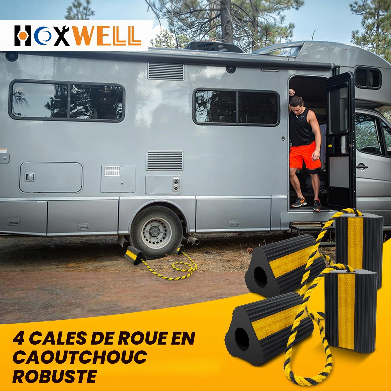 HOXWELL Cales de Roue (2 Paires/4 Lots avec Corde) pour Camping-Car, remorque, Camion, Voiture, Avion, Bloc de Cales de Roue Polyvalent en Caoutchouc Robuste avec 3 Bandes réfléchissantes,