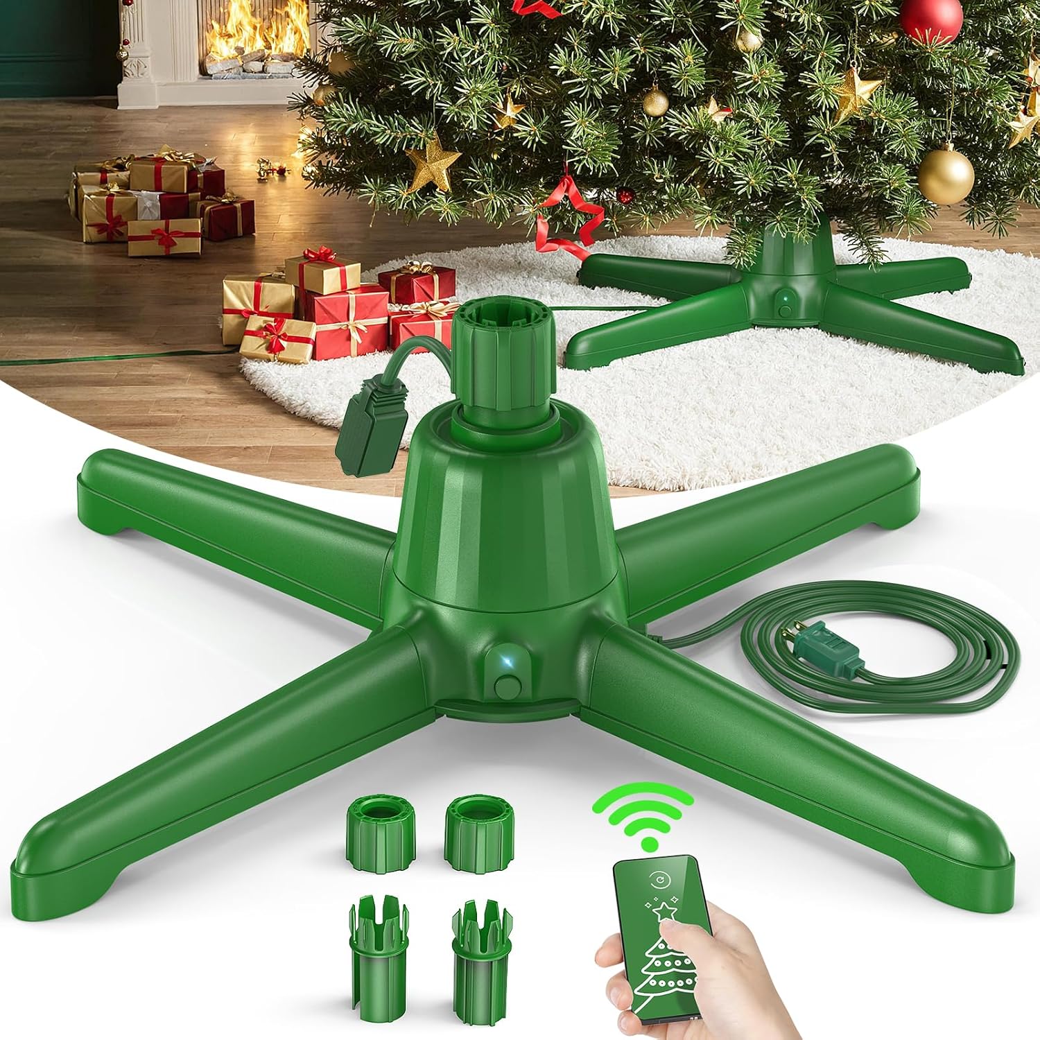 2025 Upgrade Rotating Christmas Tree Stand, UL Certified Adjustable Tree Stands with Remote Control for Up to 7.5ft 90lb Artificial Tree, Durable 3 Light Outputs with Up to 625 Watts of Power Deep Green