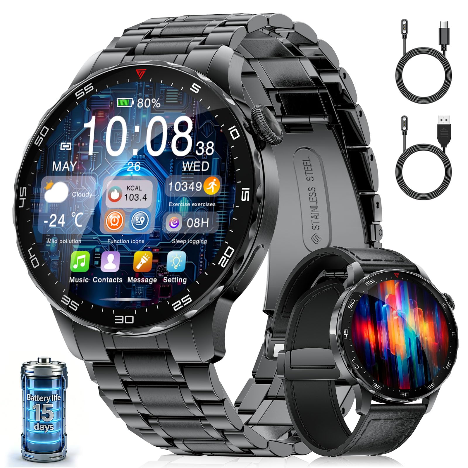 Smartwatch Hombre, 1.43" AMOLED Pantalla Redonda,123 Modos Deportivos,Ritmo Cardíaco Presión Arterial Sueño,Llamadas Bluetooth 5.3,2 Cables de Carga Magnéticos para Android iOS(SML21-B)