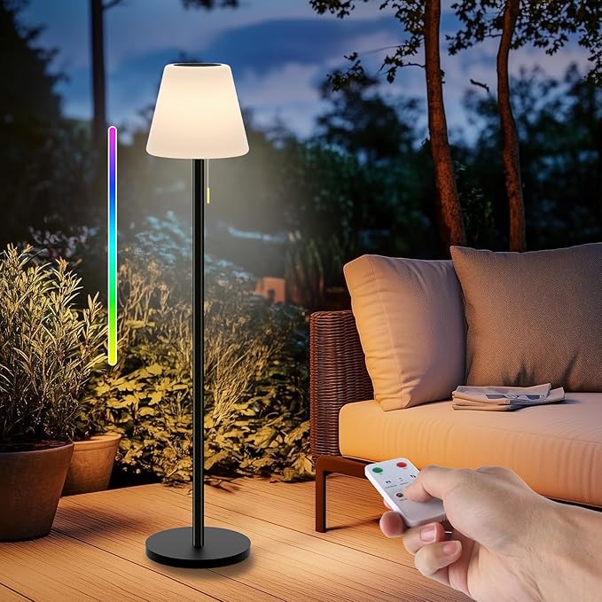 Gewiny Outdoor Floor Lamp Solar Outdoor Lamps for Patio Waterproof Rechargeable Floor Lamp Cordless Dimmable Warm White+RGB LED Solar floor lamps Outdoor Battery Operated Patio Lamp with Light Sensor.