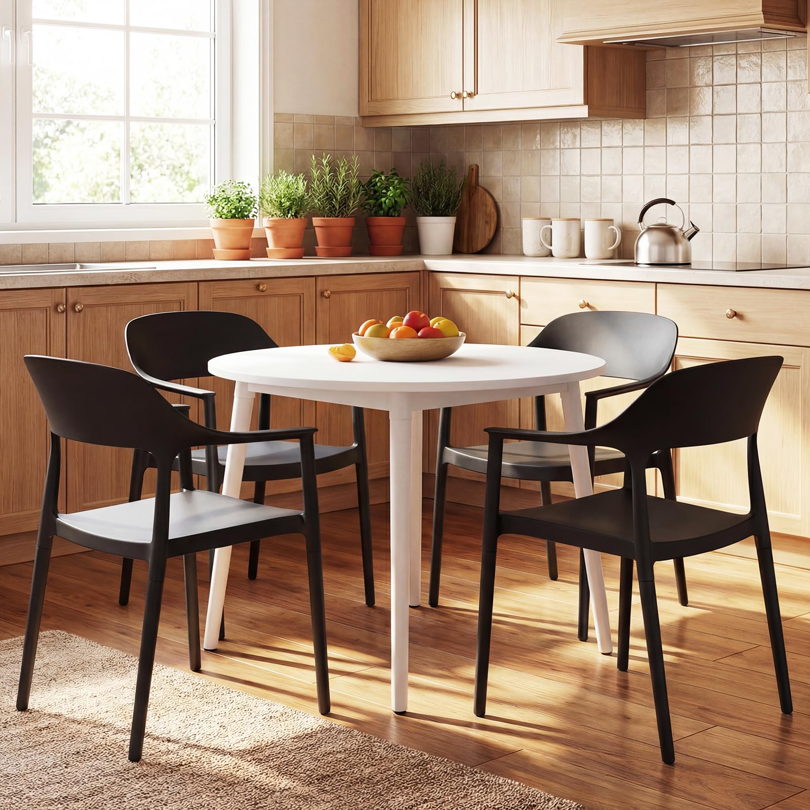 COSTWAY Chaises Empilable Plastique Lot de 4, Chaise de Jardin en PP avec Dossier Incurvé, Accoudoirs Confortables, Siège Large, Montage Facile, Charge 150 kg, pour Cour, Extérieur, Cuisine(Noir,4)