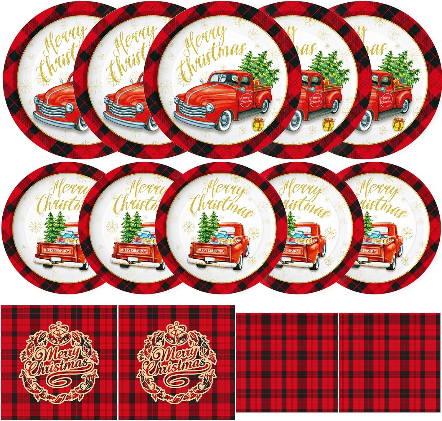 Tbsone 200PCS Christmas Paper Plates and Napkins Disposable - Red & Black Buffalo Plaid Design, Xmas Party Dinnerware for Holiday Decorations, Serves 50 Guests