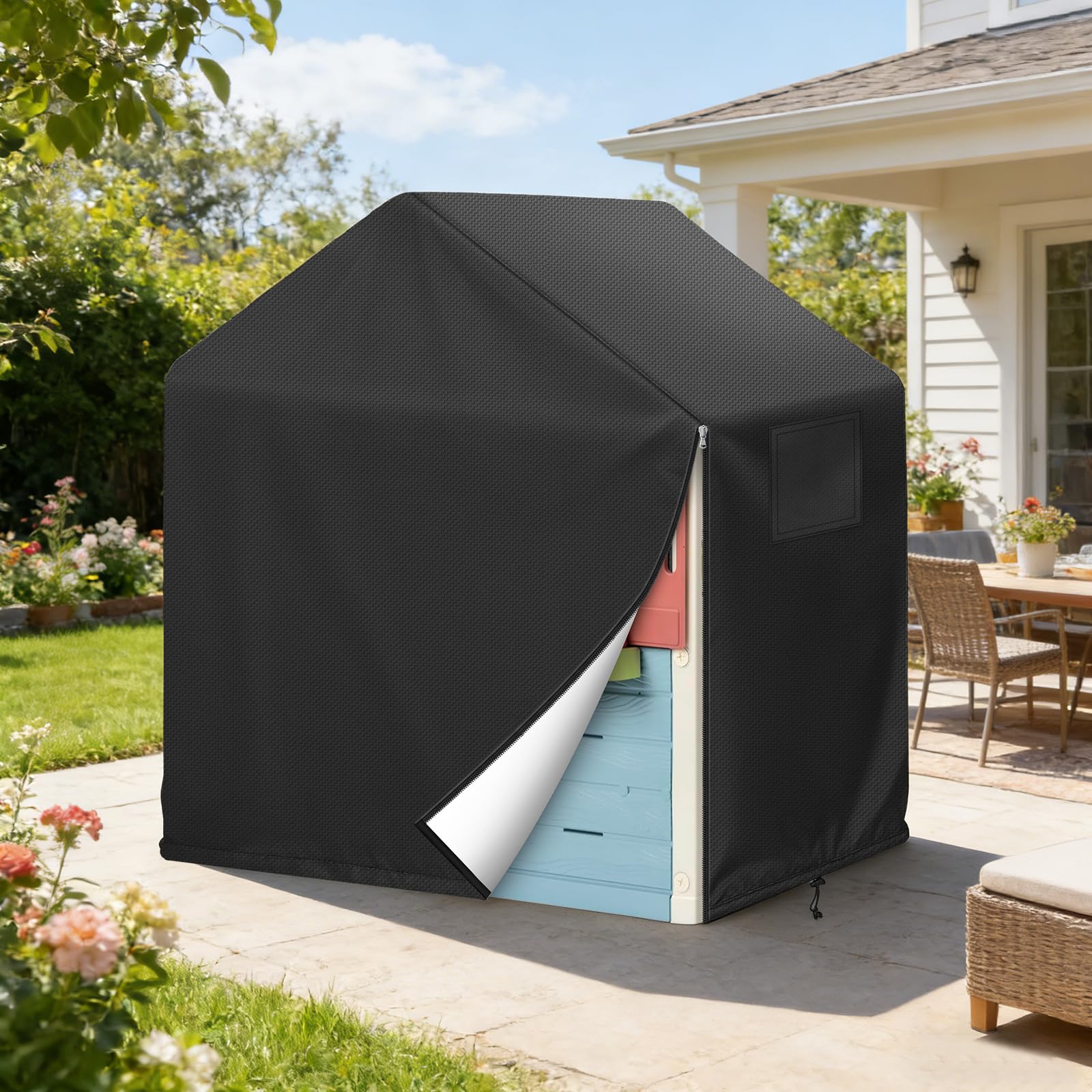 Bache Cabane Enfant, Housse Cabane pour Théâtre en Bois pour Enfants 600D Imperméable Au Vent Résistant Aux UV Bache pour Maison Enfant (L134xW131xH135cm)