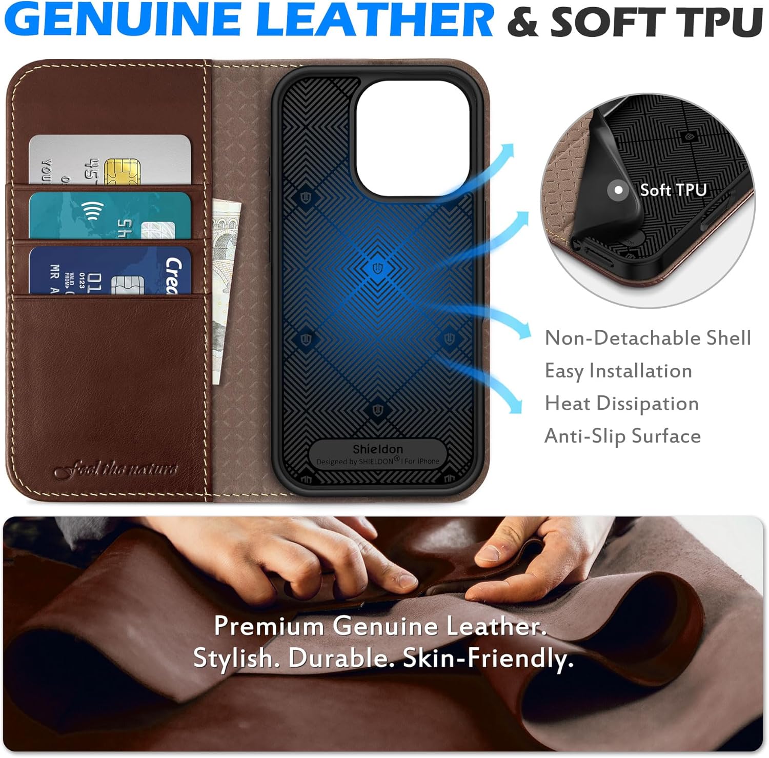 SHIELDON Case for iPhone 16 Pro 5G 2024, Genuine Leather Flip Wallet Magnetic Closure Cover Kickstand RFID Blocking Credit Card Holder Protective Case Compatible with iPhone 16 Pro 6.3" - Retro Coffee - Image 3