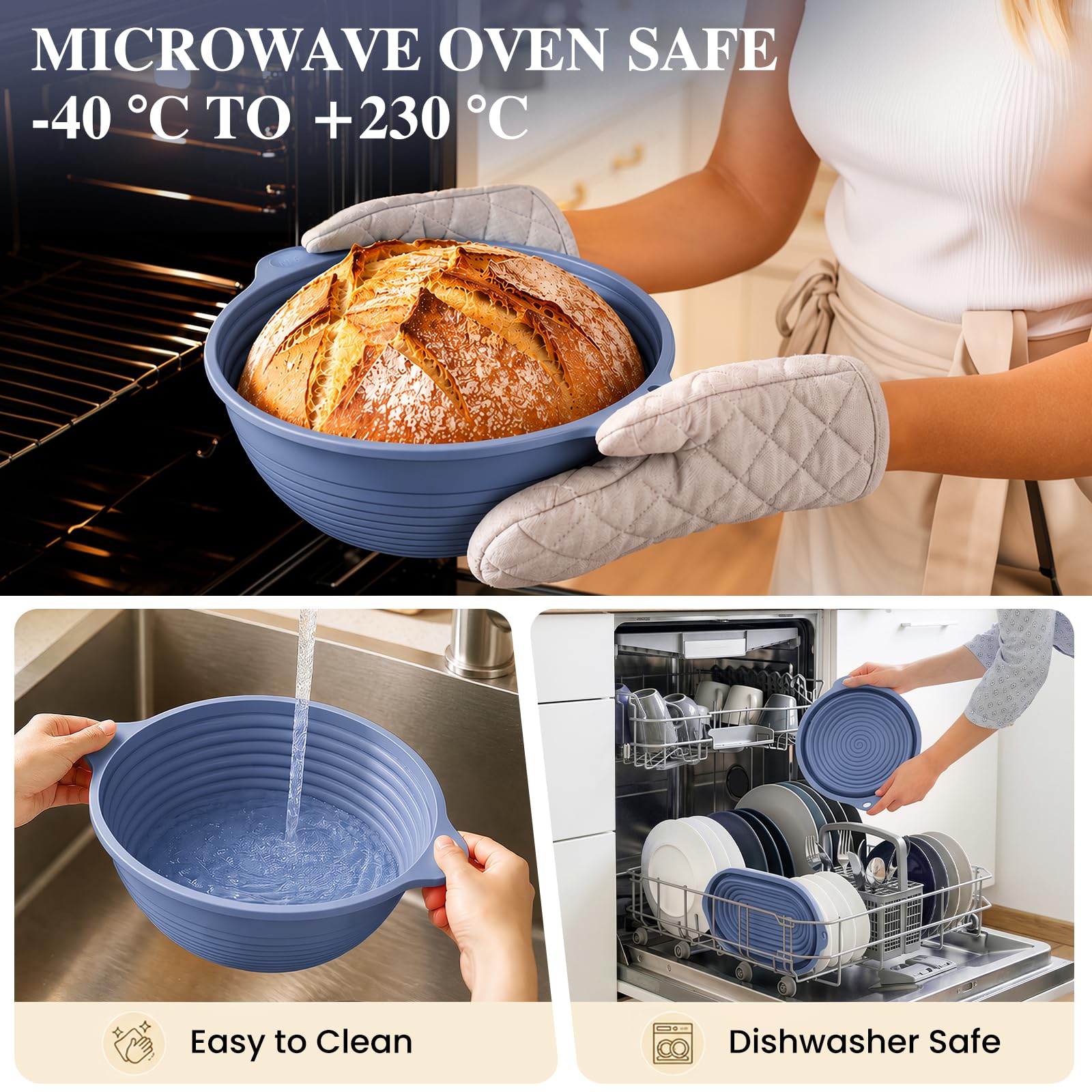 2 Paniers de Fermentation en Silicone pour Pain, Ovale de 29 cm et Rond de 26 cm, Bord Renforcé en Acier IntéGré, Pliables, Panier de Fermentation en Silicone pour PâTe, Pizza, PâTisseries (Bleu)