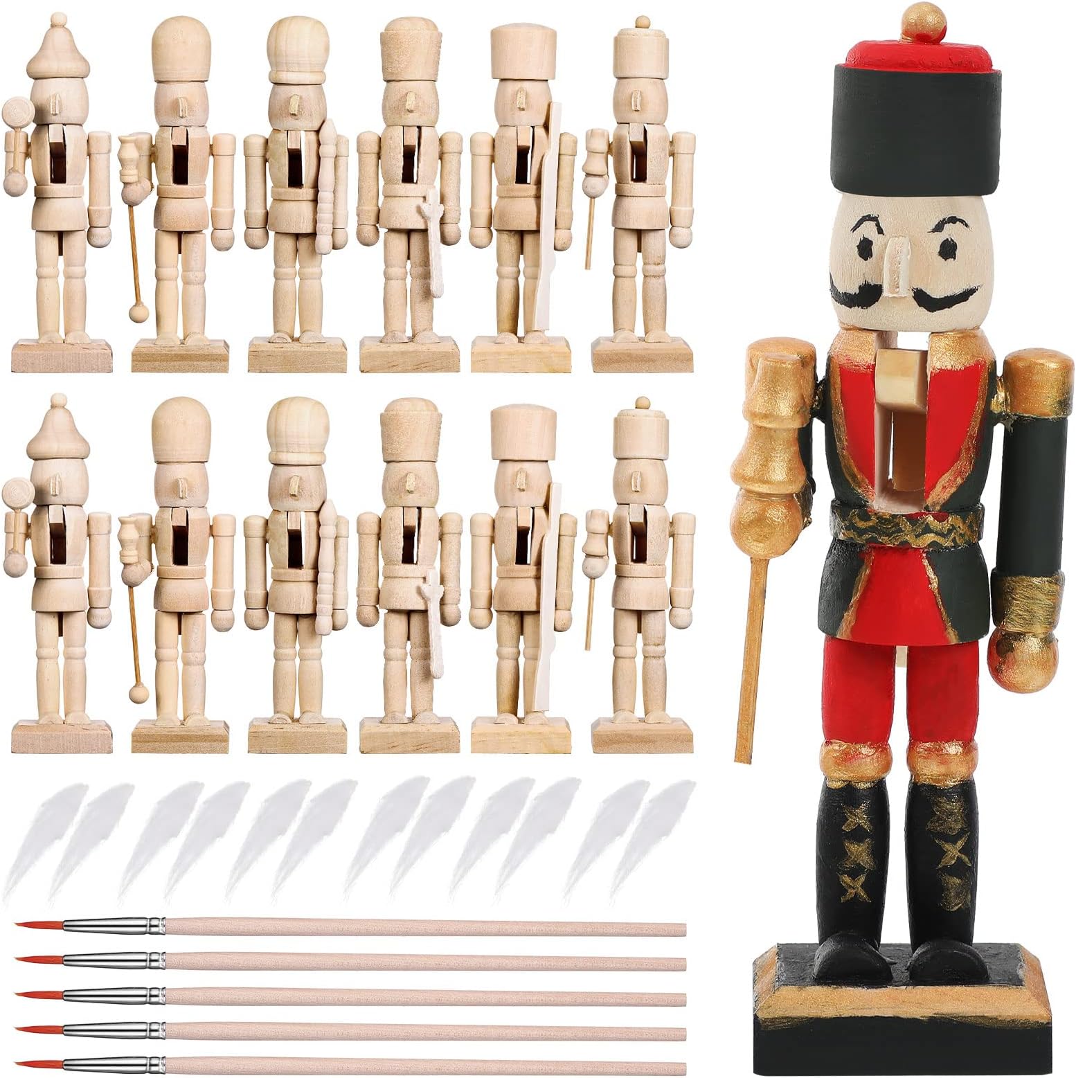 Yunsailing 29 Pcs 12 Set Christmas Nutcracker Craft Kit with 5 Paint Brushes and 12 White Bearded Wooden Unfinished Nutcracker Figures Unpainted DIY Blank Paint Soldier for DIY Craft Xmas Decor