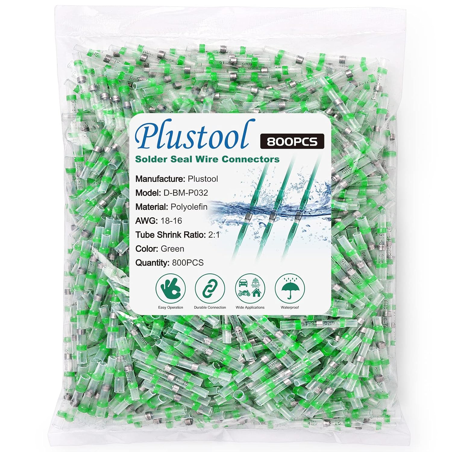 800PCS Green Solder Seal Wire Connectors AWG18-16, Plustool Solder Seal Heat Shrink Butt Connectors, Marine Grade Waterproof Insulated Electrical Wire Terminals Splice for Automotive Boat Truck Wire