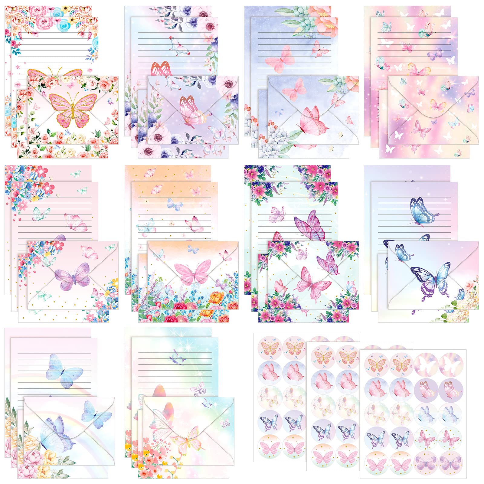 160 Packs Watercolor Butterfly Stationery Paper and Envelopes Set 50 Lined Double Sided Stationery Writing Papers 50 Matching Envelopes 60 Watercolor Butterfly Round Dot Stickers, 8.5 x 11 Inch