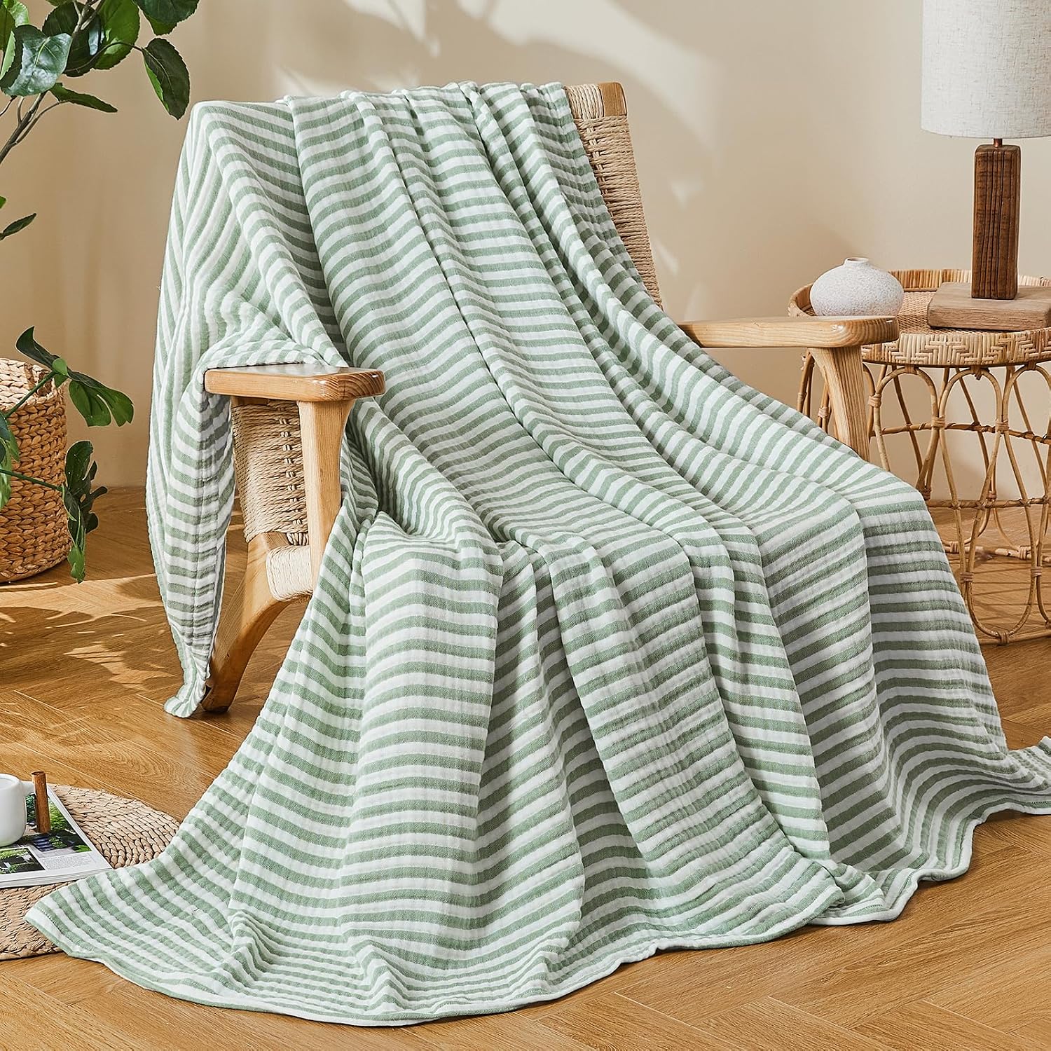 emme cotton muslin twin blanket breathable gauze soft lightweight adults gifts for women (striped sage green, 60"x80") twin 33 - striped sage green