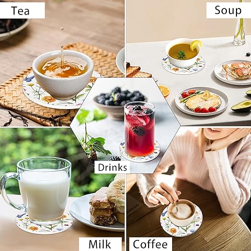 Miniatura 7 de 6 posavasos con soporte, diseño de flores botánicas, redondas, absorbentes de cerámica, para protección de mesa, para taza de café, bebidas, vino,