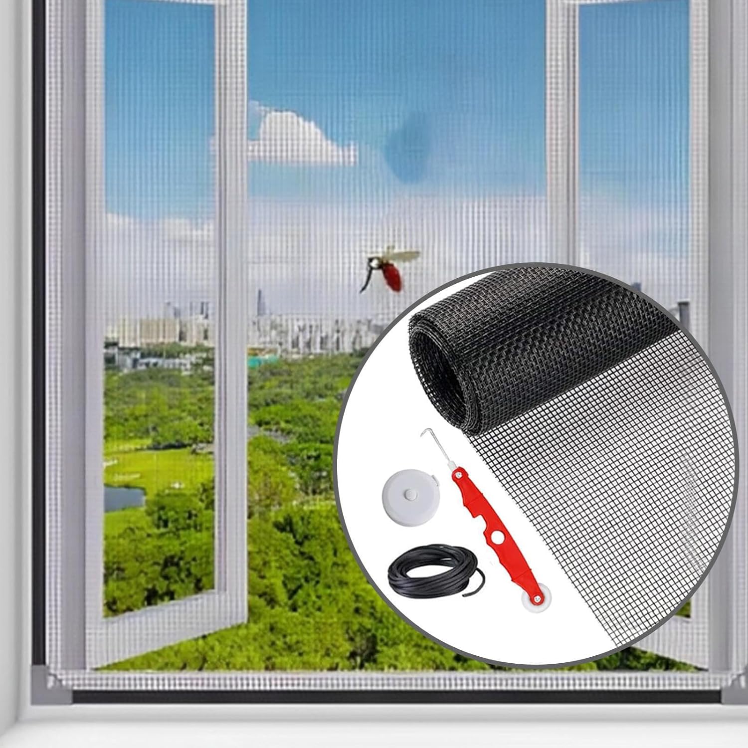 Portable Screen Door Replacement Mesh, Heavy Duty Roll, Pet Proof Sliding Screen Net with Rolling Tool, Patio Door Repair Kit for Porch, Balcony Garden Window Outdoor Home Improvement