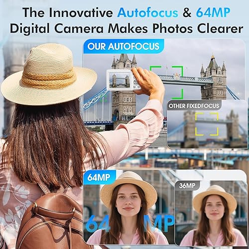 Miniatura 3 de Cámara digital 4K, cámara de enfoque automático de 64 MP con doble lente, zoom digital 16X, cámara compacta de disparo de punto de viaje para