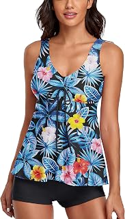 Modest Tankini Swimsuits for Women Two Piece Bathing Suits Floral Print Tank Top with Boyshorts Tummy Control Swimming Sui... Price In India