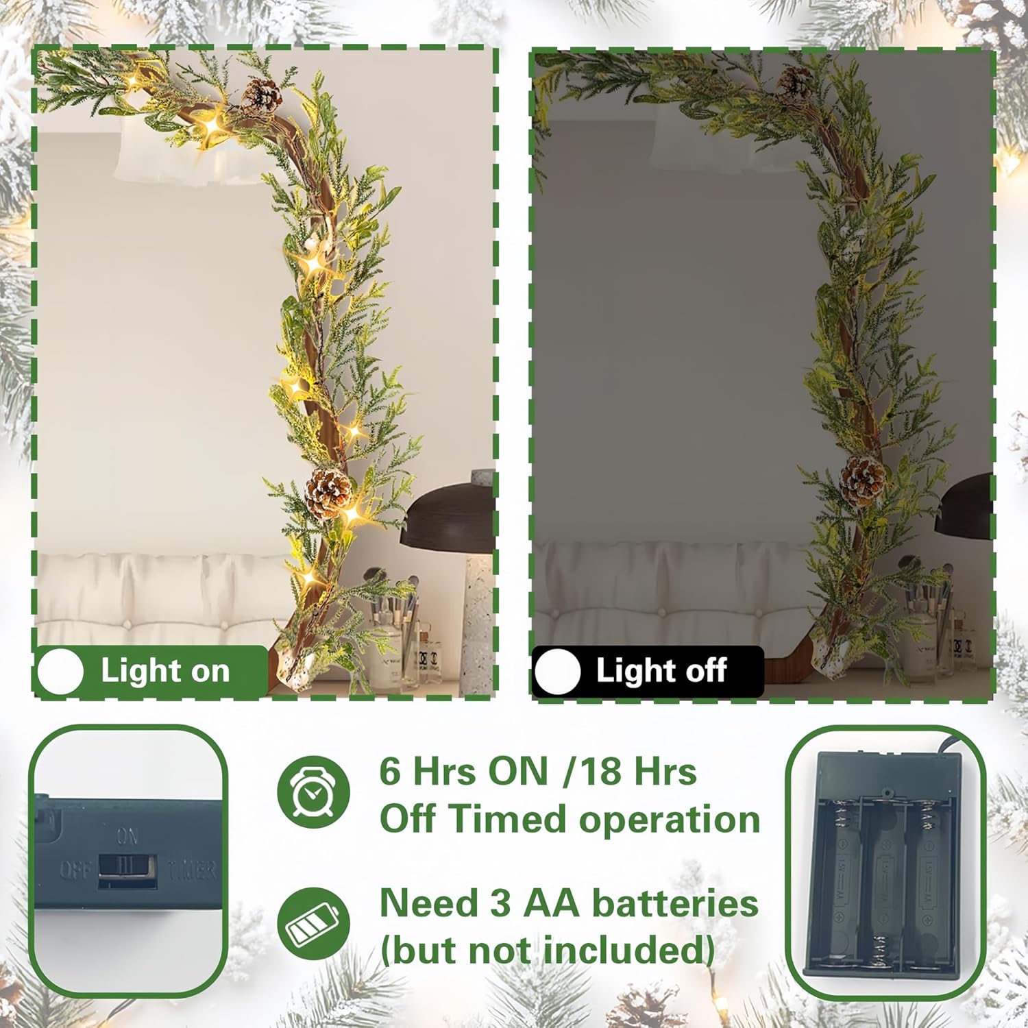 9FT Snow Cedar Pine Garland,Prelit Christmas Garland with Timer,Realistic Garlands Battery Operated for Winter Holiday Outdoor Staircase Decorations 30LED