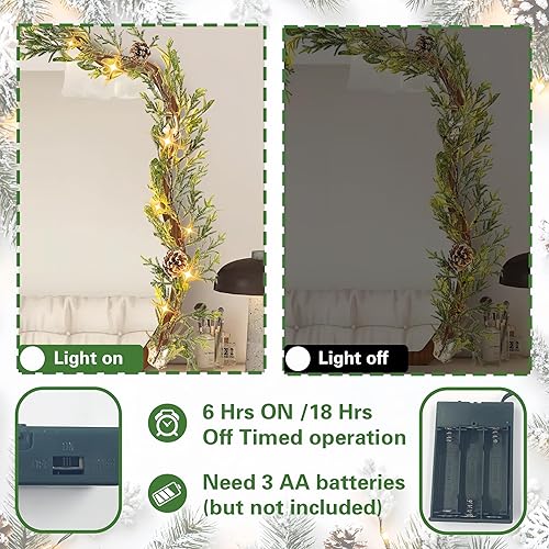 Miniatura 4 de Guirnalda de pino de cedro de nieve de 6 pies, guirnalda de Navidad preiluminada con temporizador, guirnaldas realistas que funcionan con pilas para