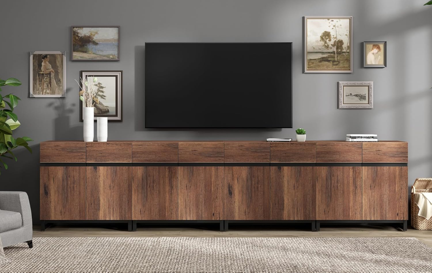 WAMPAT Modern TV Stand for TVs Up to 110 Inch, 4-in-1 Wood Entertainment Center with Adjustable Shelves, Media Console for Living Room, Brown