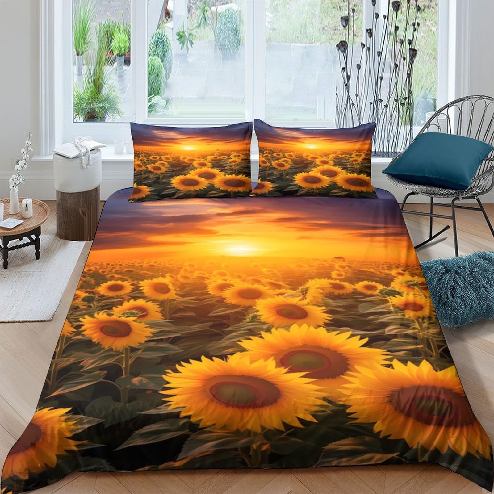 Ctjqhvkz Style-3 3D Printed Sunflower Field Fitted Sheet Microfiber Soft Sunset Mattress Cover Non Slip Machine Washable Bedroom Decor Single（135X200cm）