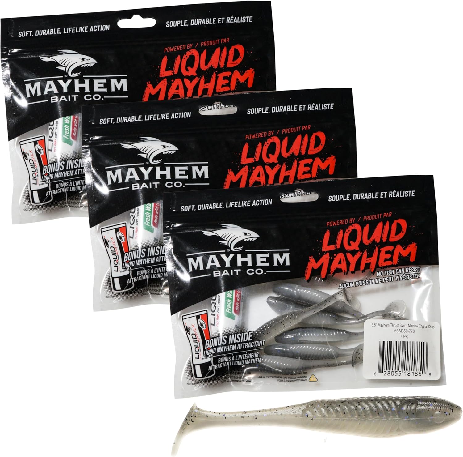 Liquid Mayhem Thrust Swim Minnow, 3.5"& 5" Soft Plastic Paddle Tail Lures – Easy to Rig with Realistic Swimming Action – Includes Bonus 10ml Attractant Gel