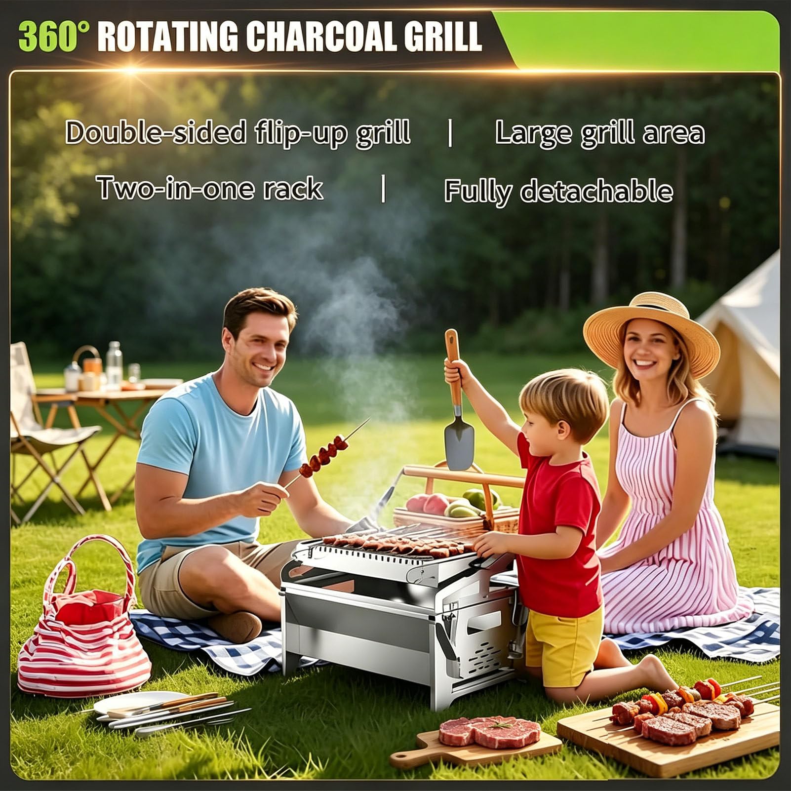 Obrotowy grill o 360°, siatka do gotowania ze stali nierdzewnej na kemping, pikniki i imprezy na plaży, zdejmowane narzędzie do gotowania na węgiel drzewny