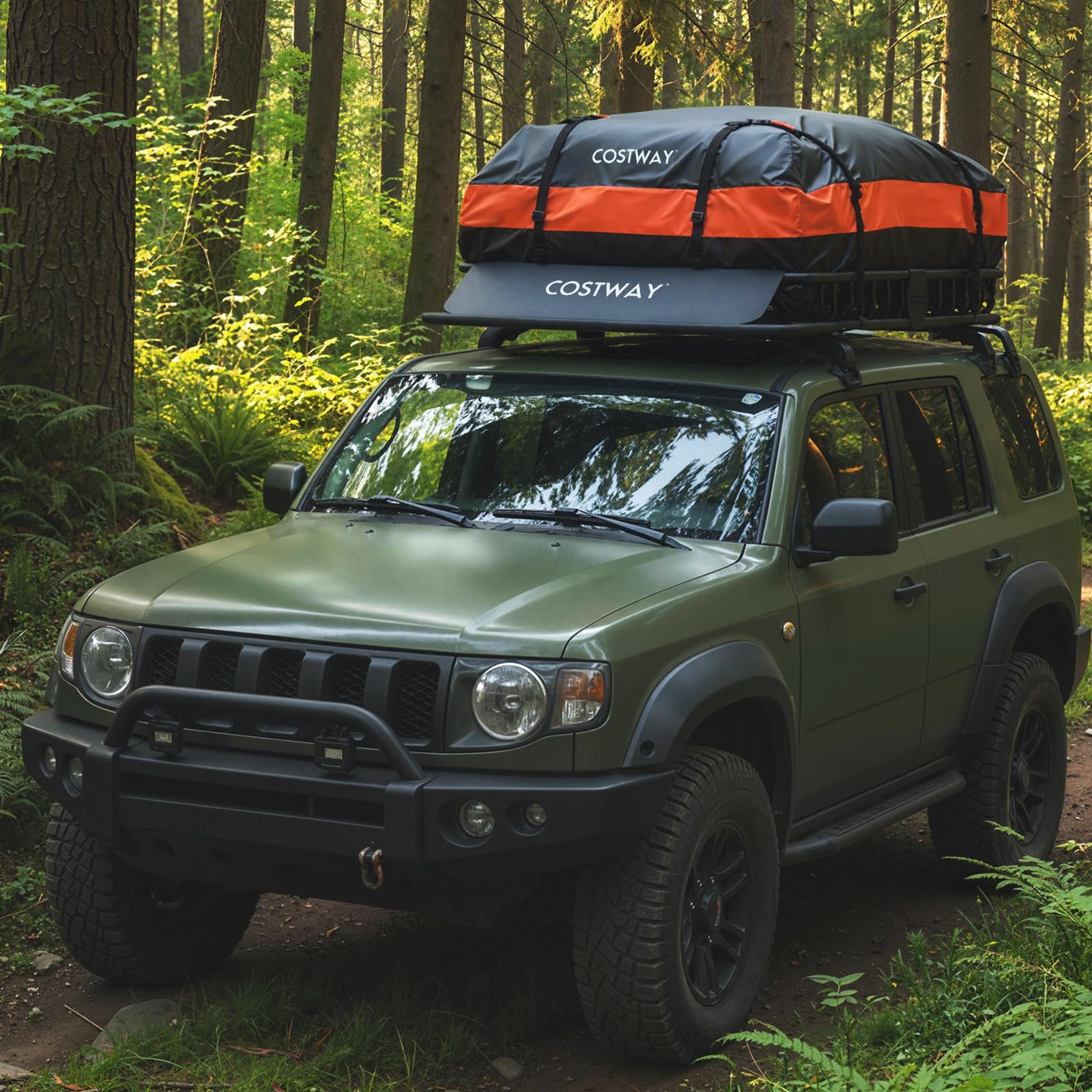 COSTWAY Cofre Techo Coche 425L, Cofre de Techo para Vehículo con Bolsa Impermeable de de Almacenaje, Carga 90 kg, Portaequipajes Universal con Correas de Trinquete para SUV, Camión, Berlina