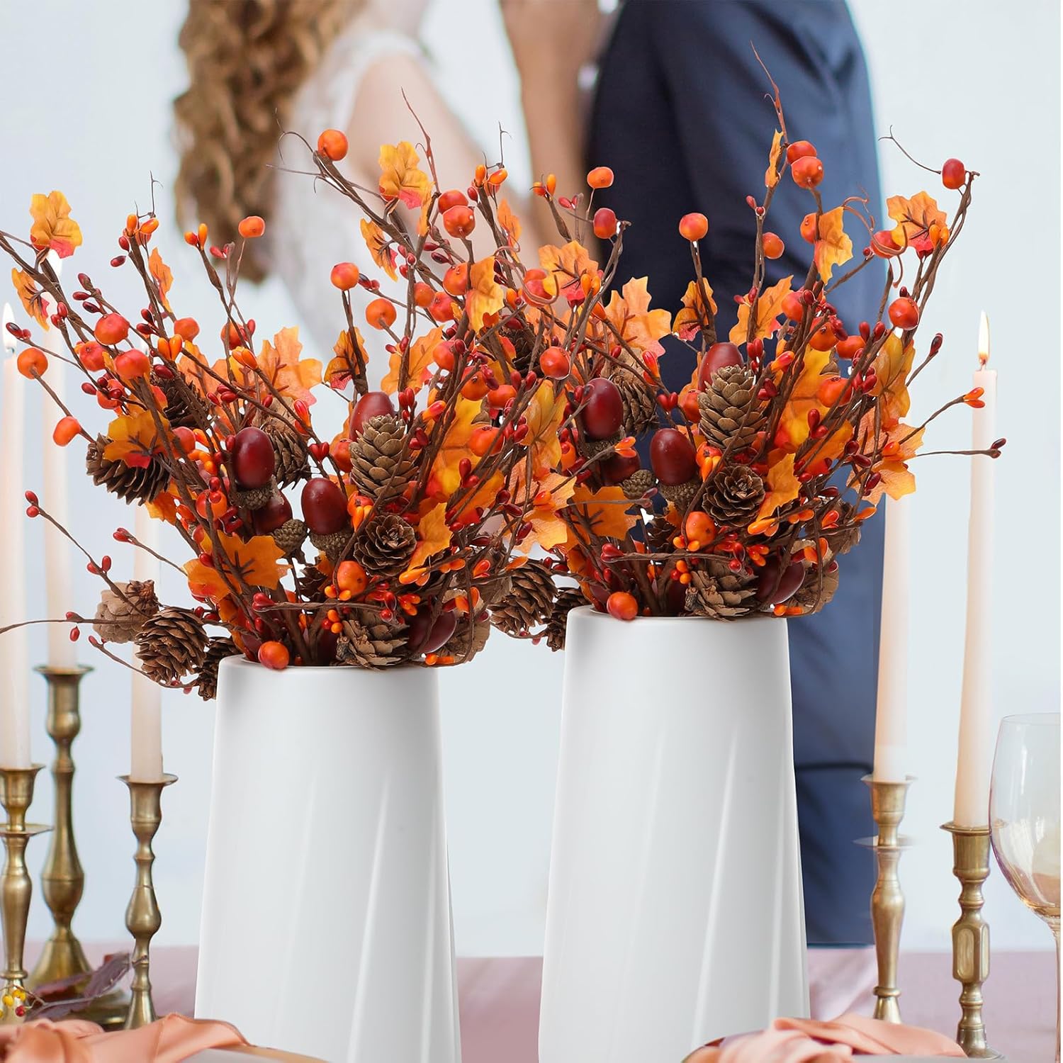 Yunlly Artificial Fall Berry Stems Fall Picks for Floral Arrangements Fake Fall Leaves with Pine Cones Maple Leaves Acorns Autumn Plant for Harvest Thanksgiving Festival Decor(6 Pcs)
