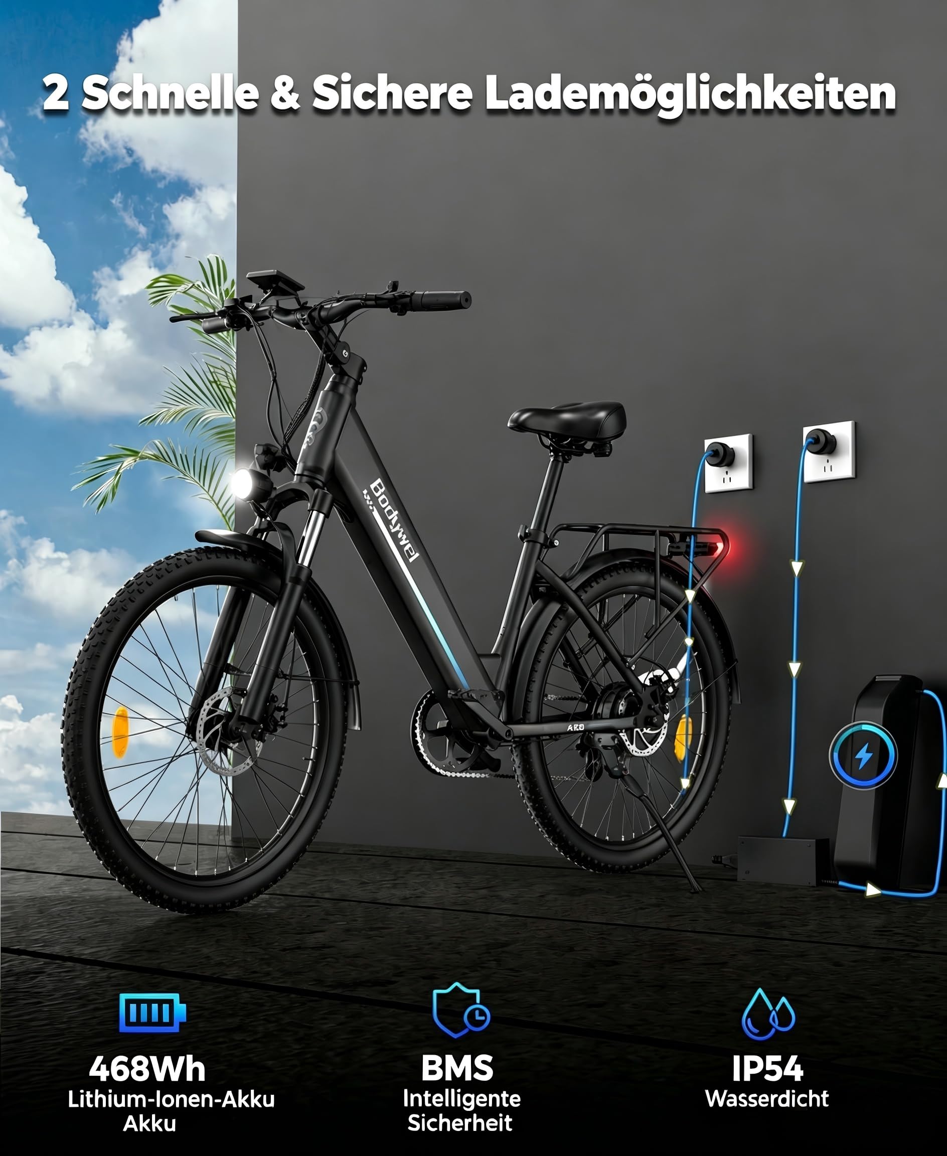 Bodywel A26 E-Bike Herren 26 Zoll 250W Motor 36V 13Ah Akku 50-70km(PAS) Reichweite, 4.5 inch intelligent LED Display mit App, Mechanische Scheibenbremse Stadt EBike