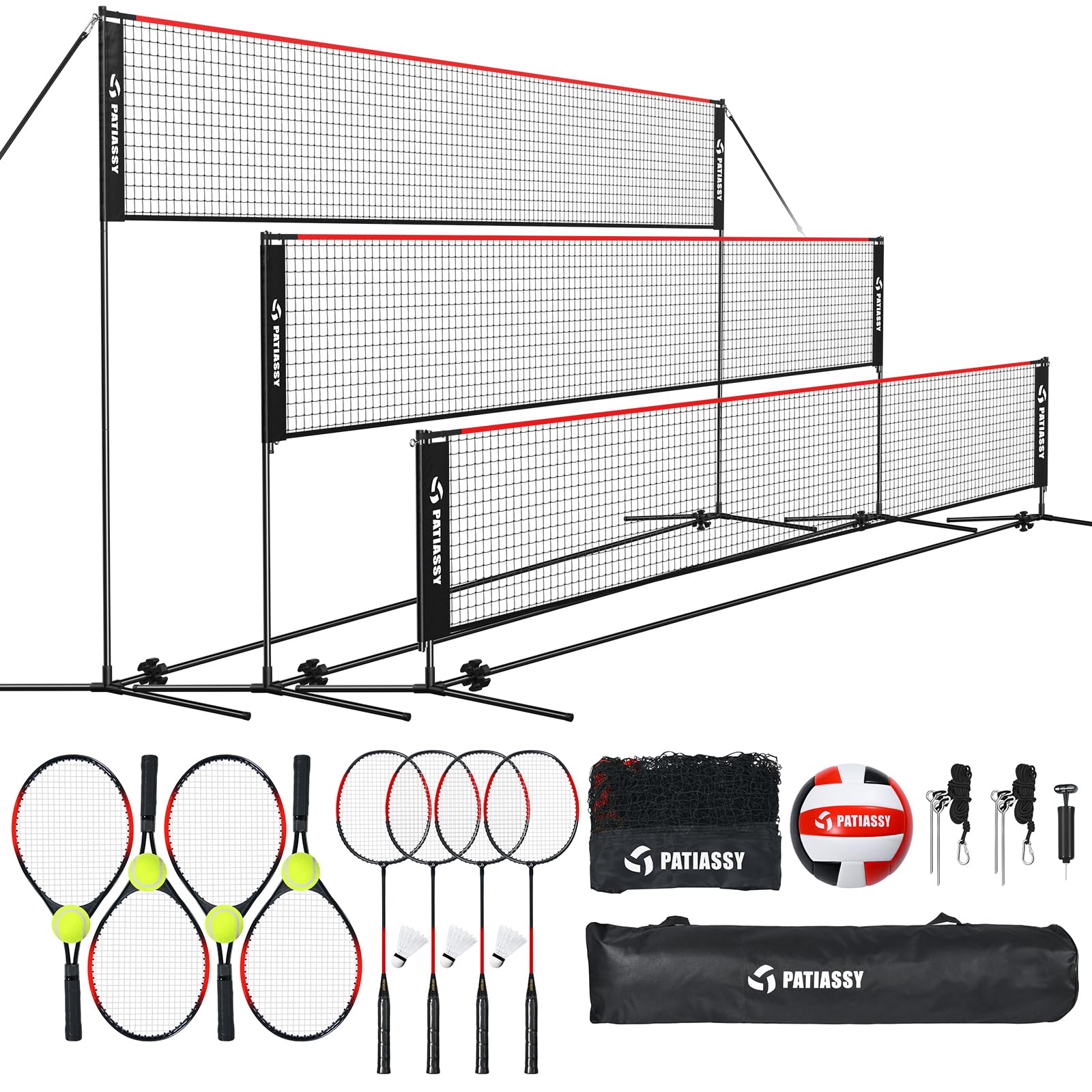 Red de bádminton de 5,2 m, red de tenis, red de voleibol para jardín, barras de altura ajustable, juego de red portátil 4 en 1 con voleibol, bádminton y tenis, raqueta de voleibol, pelota de