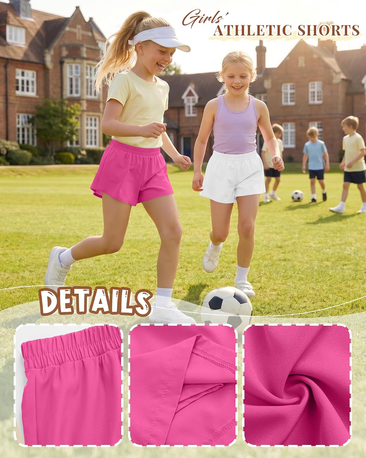 4 Pack Girls Butterfly Shorts 2 in 1 Flowy Athletic Skorts High Waist Elastic Running Kids Skirts with Pockets(7-8 Years,Rose Red, Light Pink, White, Black)