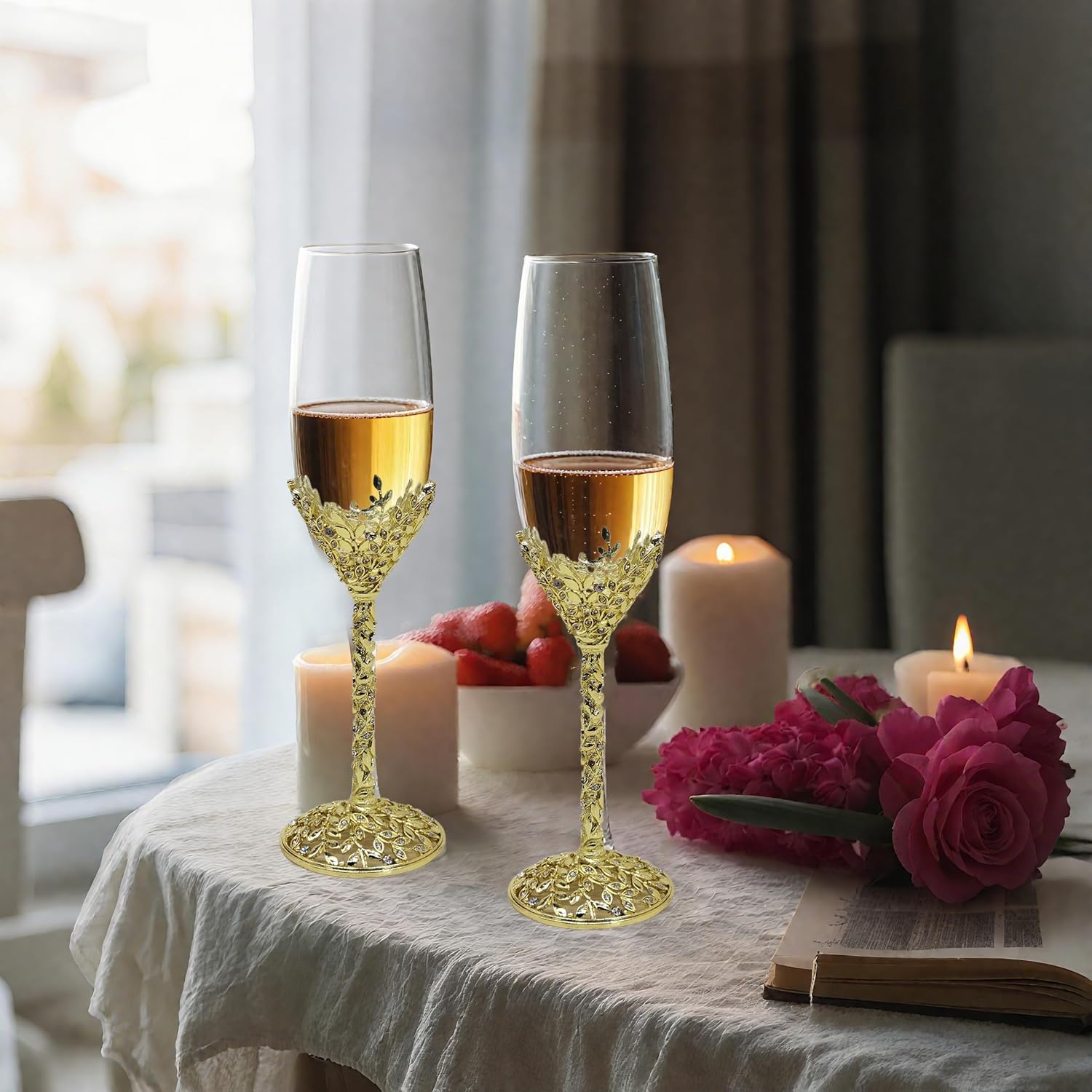 Gold Champagne Flutes -His and Hers,Wedding Toasting Glasses for Wedding,Engagement Celebrations, Bridal Shower and Registry Idea,Wine Glasses for Bride and Groom Gifts,7oz (Light Glod) - Image 7