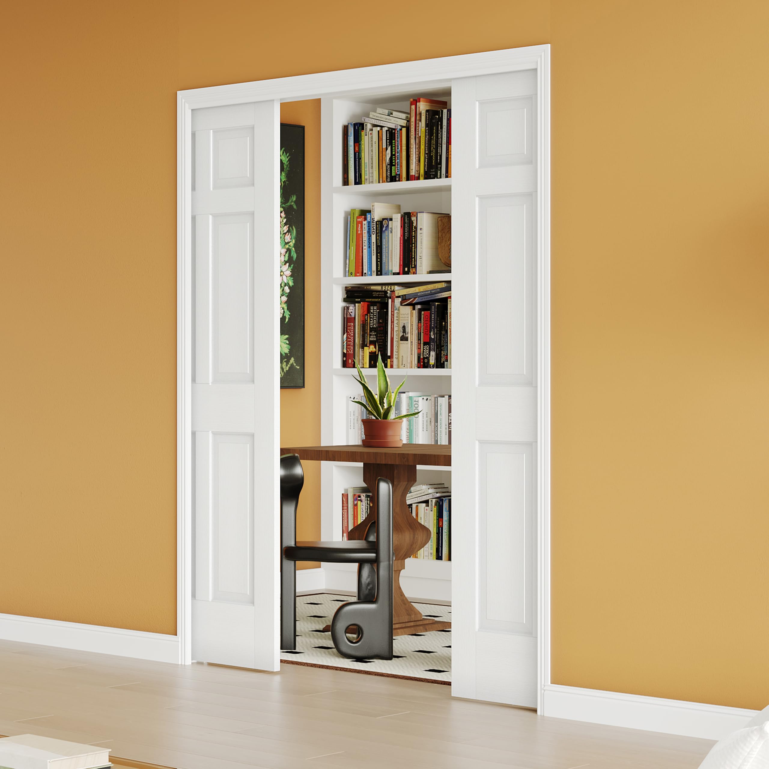 48" x 80" Sliding Pocket Interior Door, 6-Panel Hollow Core Pantry Door with Frame and Hardware Kit, Lightweight Closet Door, Waterproof PVC Surface, Easy to Install