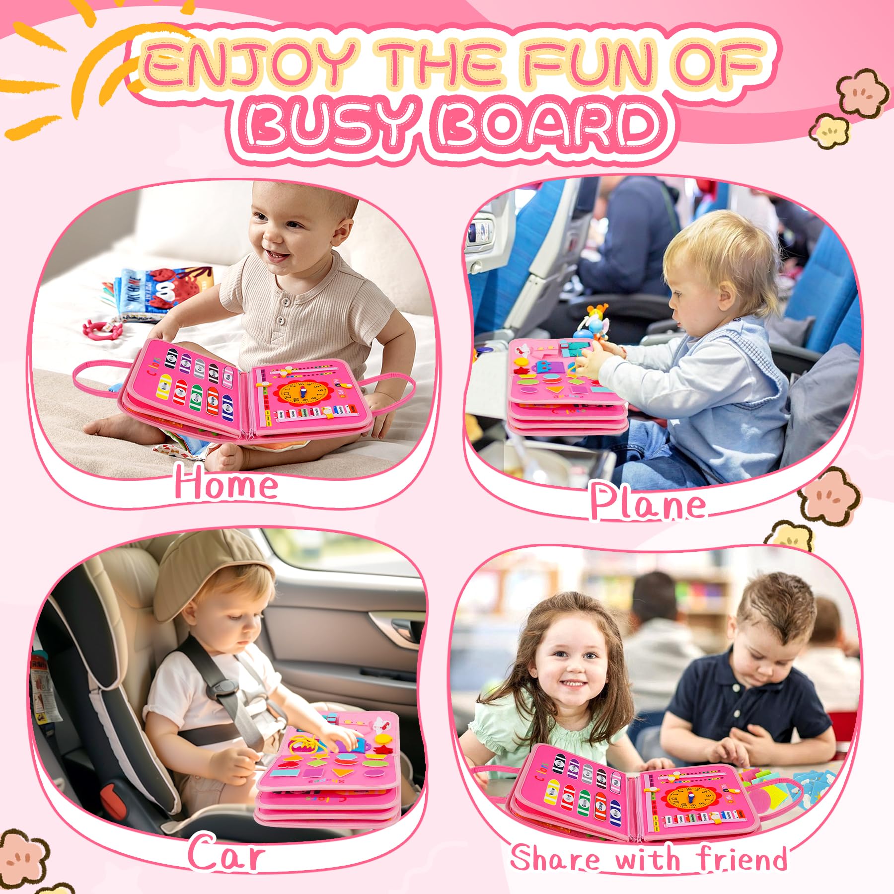 Busy Board Giochi Montessori 1 Anno - Libro Montessori Interattivo in Feltro, Pannello Sensoriale Educativo per Bambini - Giochi Bambini 2 Anni, Regalo Bimbo Bimba Compleanno (rosa)