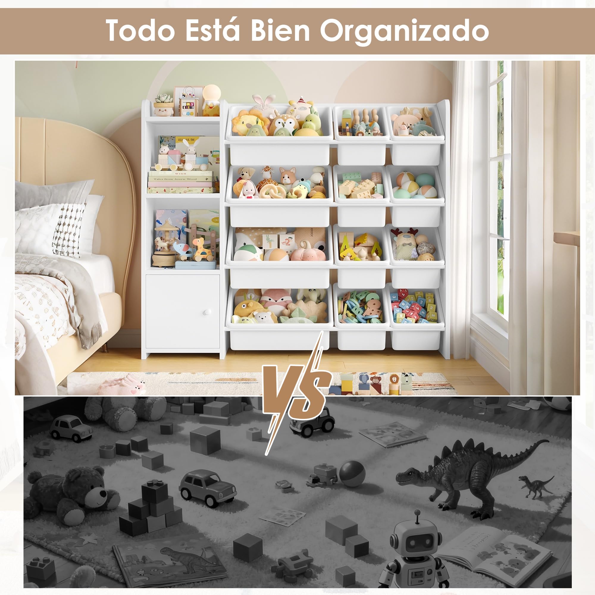 FOREHILL Mueble Almacenaje Juguetes Librería Infantil Montessori Estantería Infantil para Jugetes Organizador Juguetes Niños, Blanco, 12 Cajas Extraíbles para Dormitorios Guardería 112.5x30x100cm