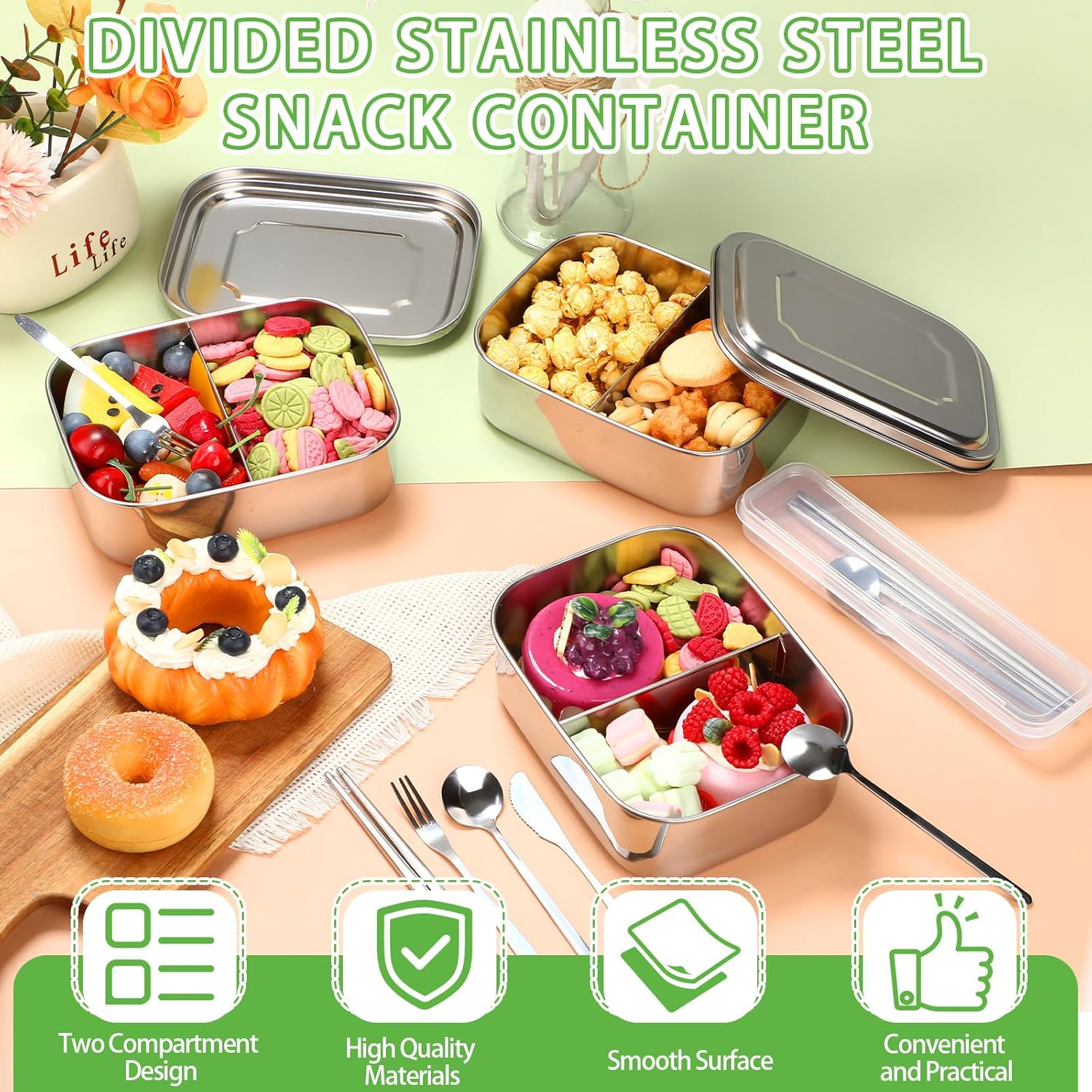 18 Pack 3 Set 2-compartment Stainless Steel Bento Box Set 1000 ml/ 33.4 oz Small Divided Snack Leakproof Containers with Flatware Pack (Chopsticks, Knife, Fork, Spoon) for Fruits & Vegetables