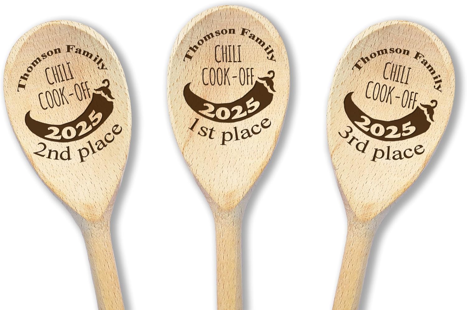 Chili Cook Off Prizes 3 Spoons 1st 2nd 3rd Place Personalized Wood Chili Trophy Cooking Champion Award Best Dessert Custom Event Favor Engraved Spoon (3 Spoons)